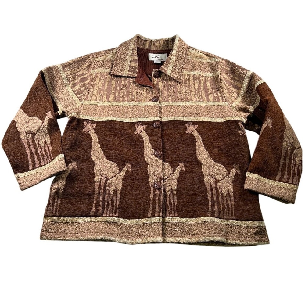Anii Giraffe Tapestry Jacket XL Brown Cotton Woven Safari Art to Wear Boho Boho